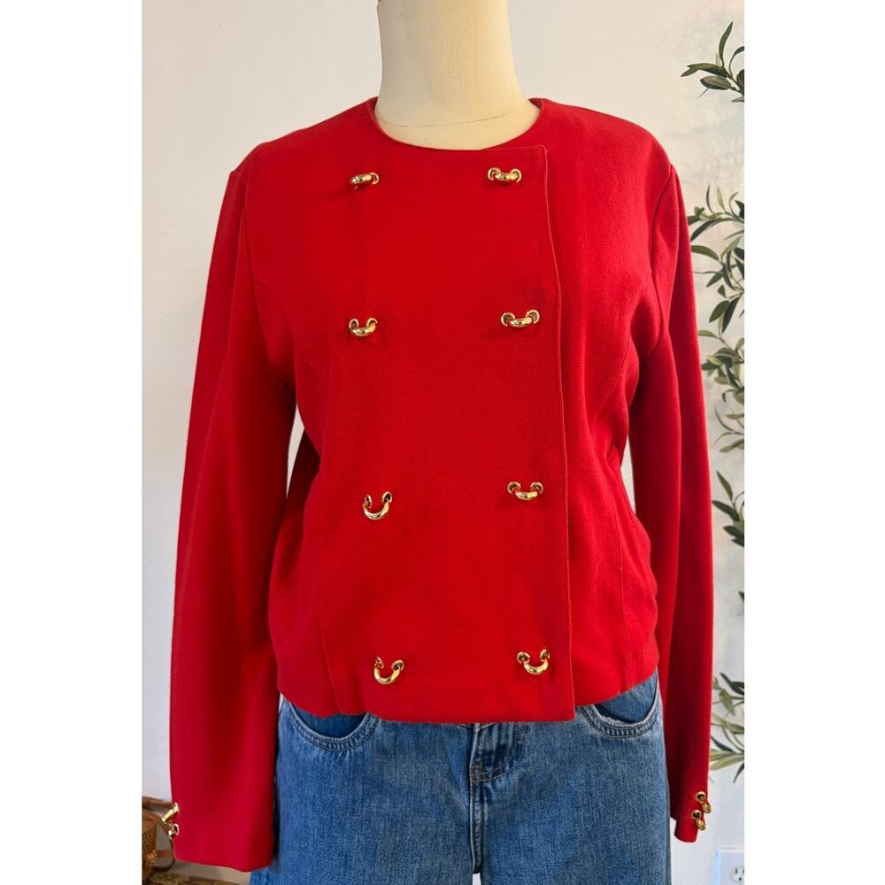 Adrienne Vittadini Red Double Breasted Knit Jacket Women's Size 10 Gold Hardware